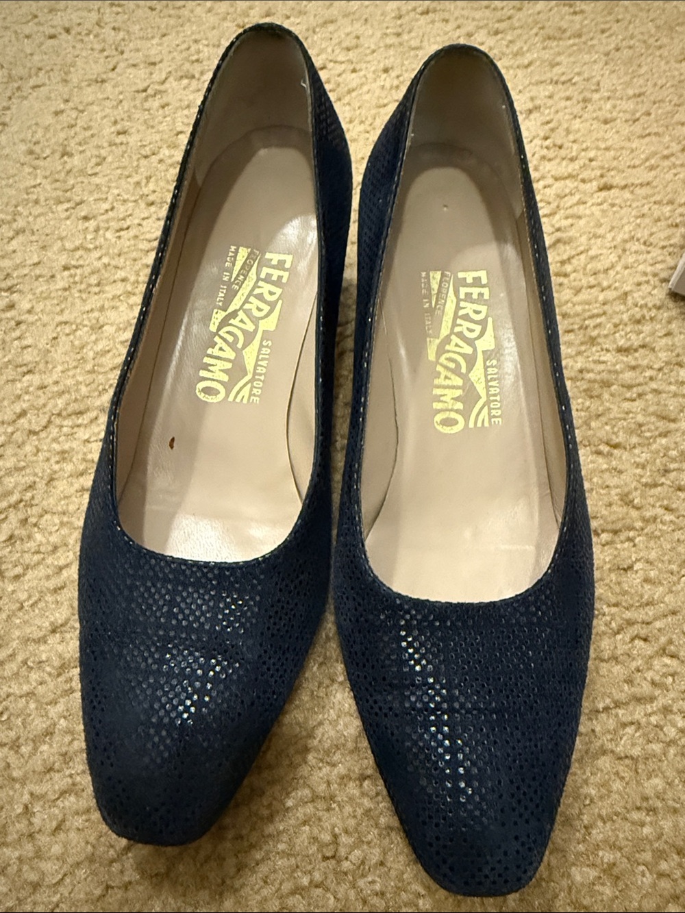 Salvatore Ferragamo Navy Suede Pointed Toe Pumps with Perforated Detail